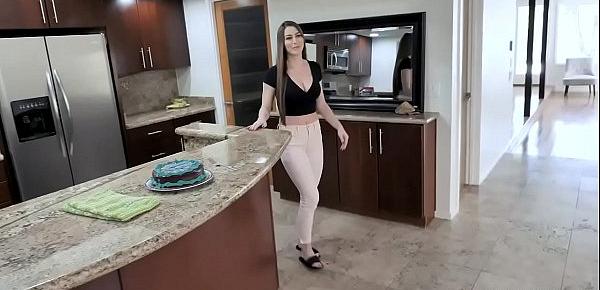  Buxom MILF Brianna Rose noticed that her stepson is horny so she welcomes him with a juicy blowjob in the kitchen.